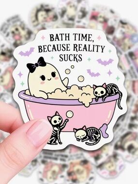 50 Cute Ghost & Her 3 Pet Cats Stickers Busy Kitty Because Reality Sucks' Pink